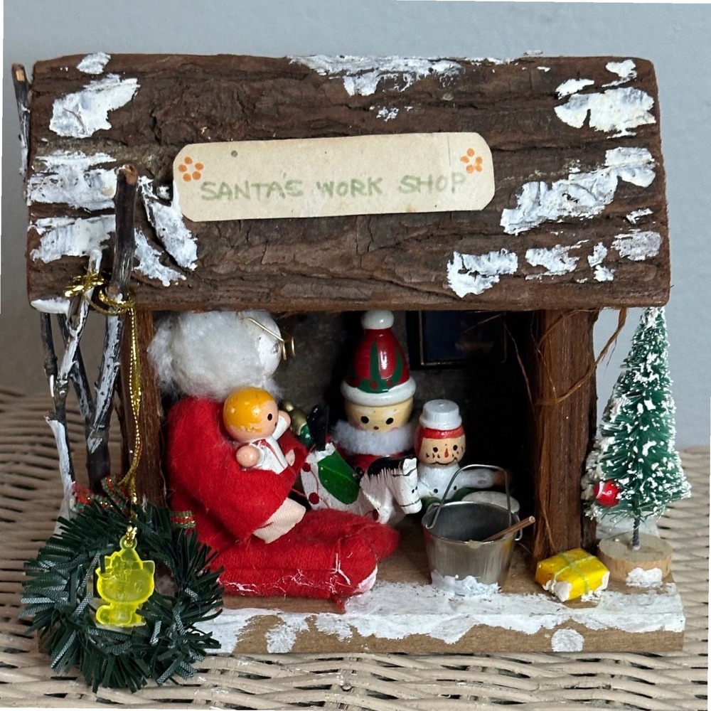 Gtg Rustic Wood Bark Santa Workshop Christmas Diorama Handmade Miniature Kitsch